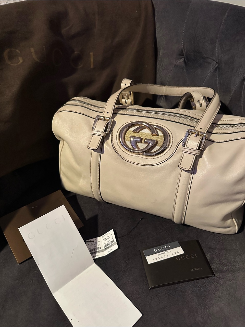 Gucci Britt Medium Boston Bag Cream with Gold hardware